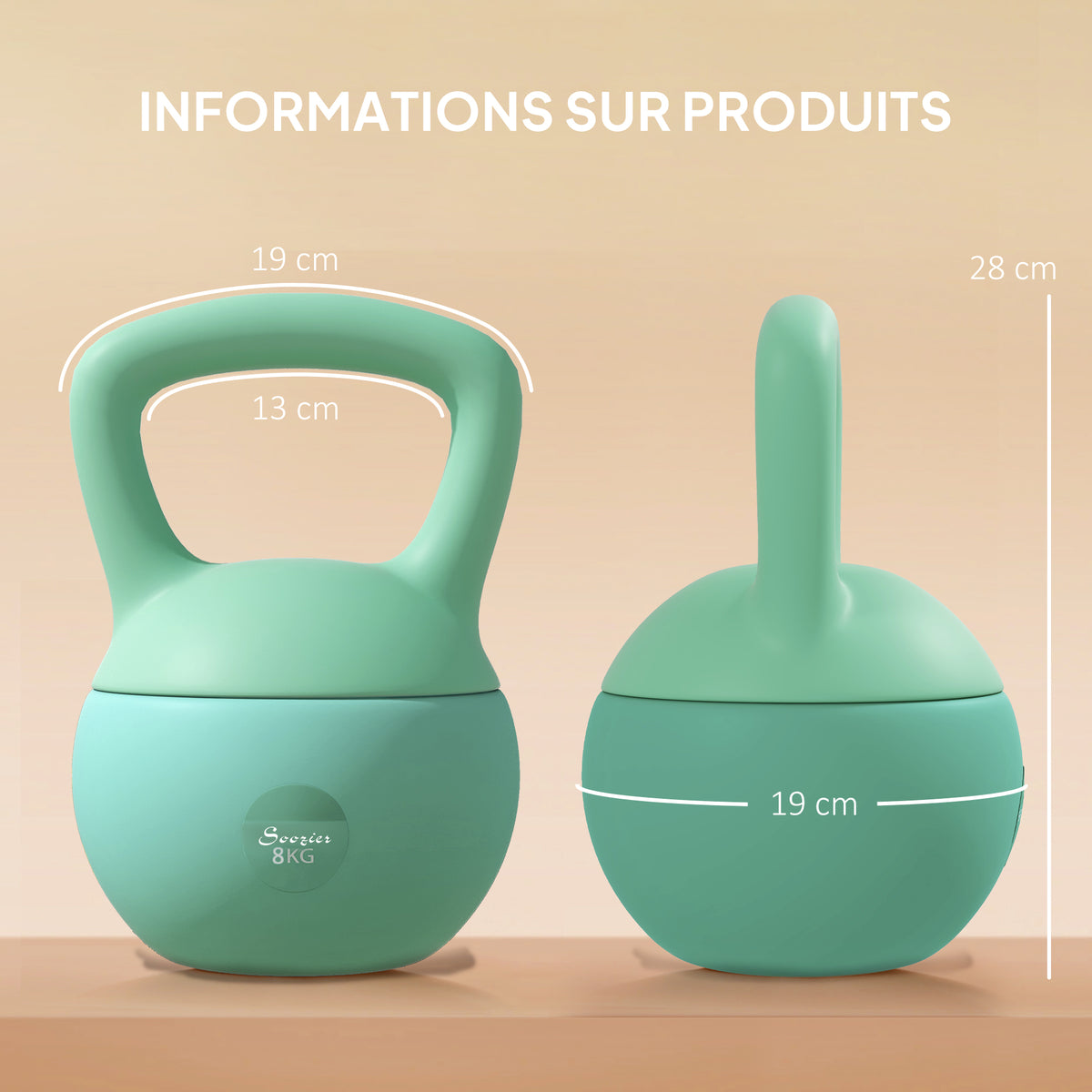 Kettlebell 8 kg, avec poignée antidérapante, pour fitness musculation cardio, 19 x 19 x 28 cm, vert-2