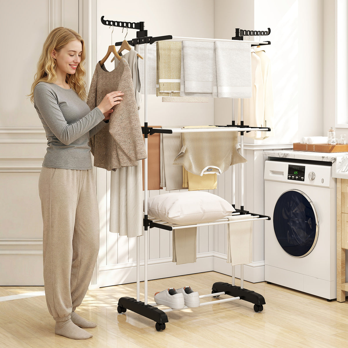 Séchoir étendoir à linge sur roulette pliable ailes latérales intérieure et extérieure 125 x 64 x 172 cm noir argent-1