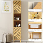 Armoire salle de bain, meuble de rangement colonne, portes en bambou, étagères réglables, 32x30x170cm, bois naturel-6
