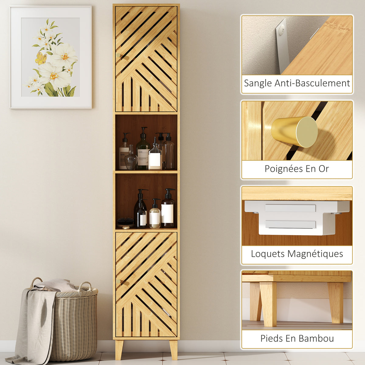 Armoire salle de bain, meuble de rangement colonne, portes en bambou, étagères réglables, 32x30x170cm, bois naturel-6