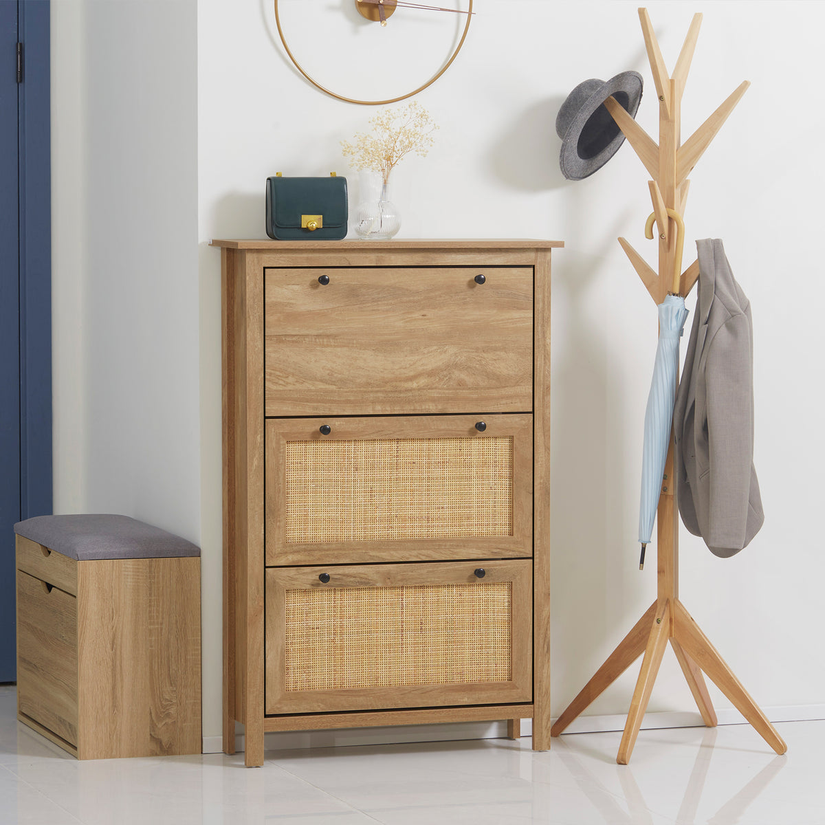 Meuble à chaussures étagère à chaussures armoire 3 portes abattants effet cannage rotin - en bois bois naturel-9