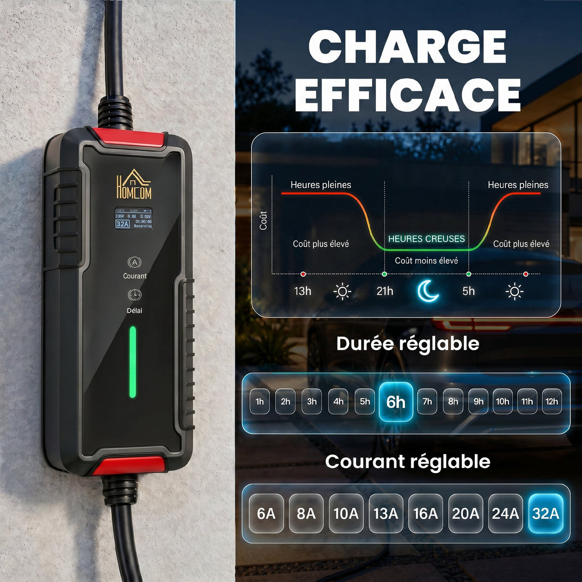 Chargeur Voiture Électrique Type 2, 7,4kW, 6-32A, 8m, Prise CEE, Adaptateur Européen, Écran LCD, IP65, 21x8,5x5cm, Noir-4