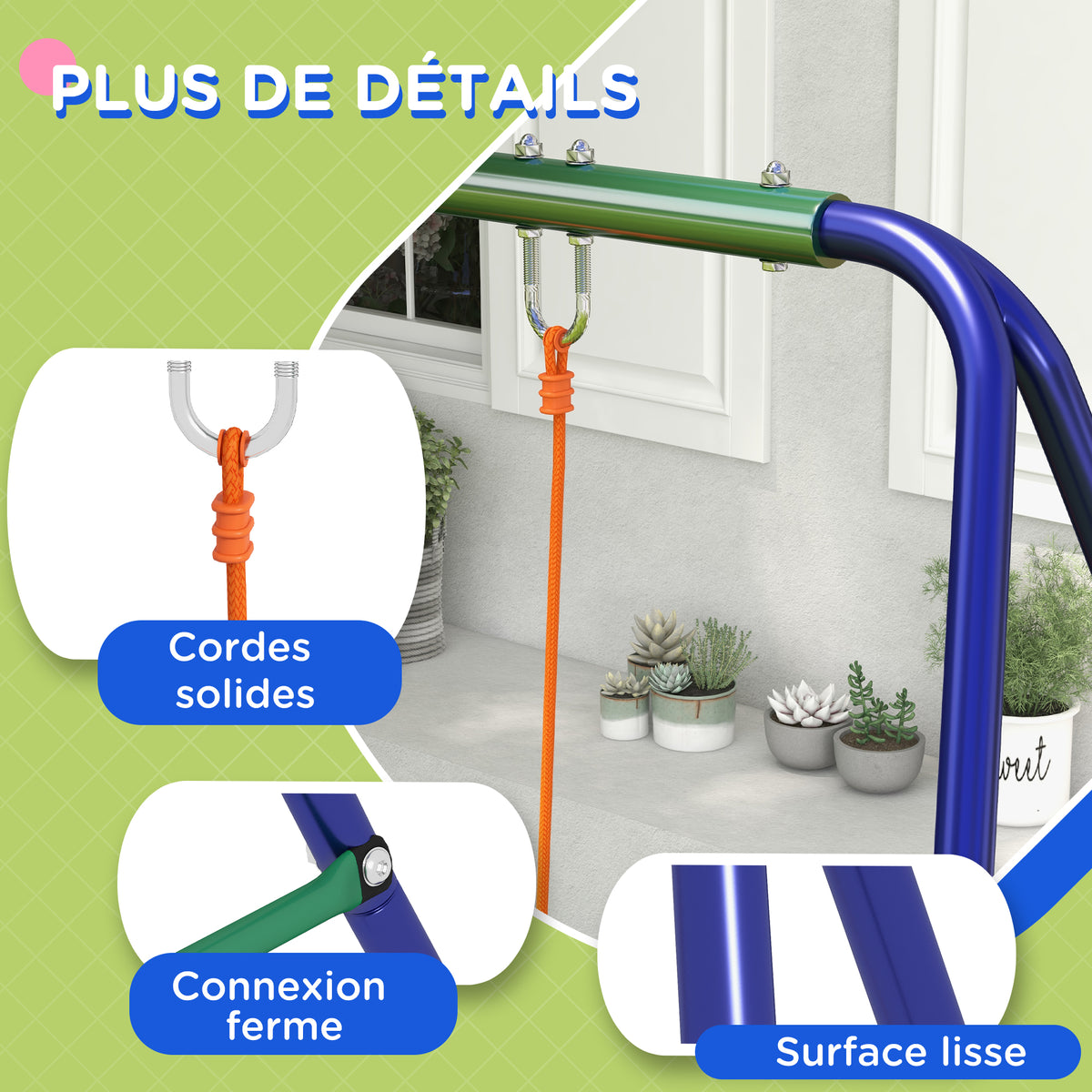 Balançoire portique balançoire pour enfants avec 2 siège de balançoire structure en métal charge max. 90 kg multicolore-5