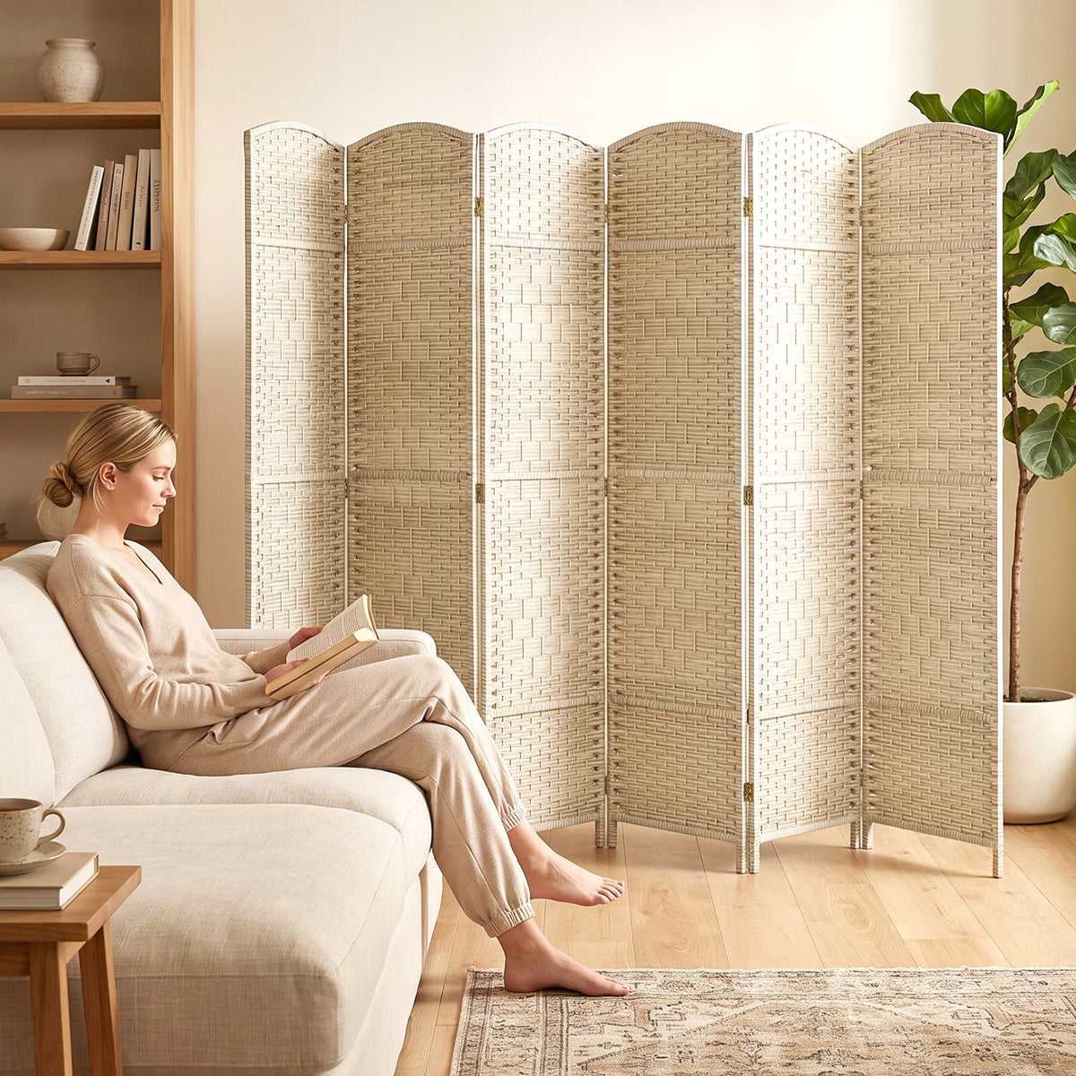 Paravent intérieur en bois 6 panneaux séparateur de pièce pliable pour salon chambre 270 x 180 cm Chêne-3