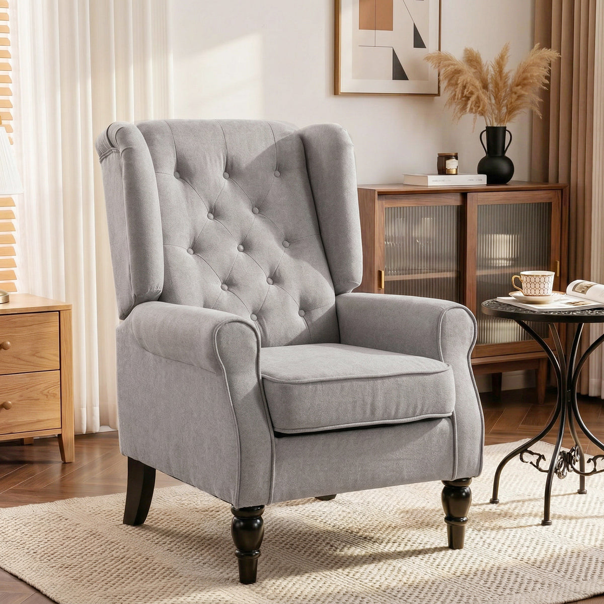 Fauteuil de salon capitonné avec assise large, pieds en bois, style classique, grand confort, 74 x 86 x 102 cm, gris-9