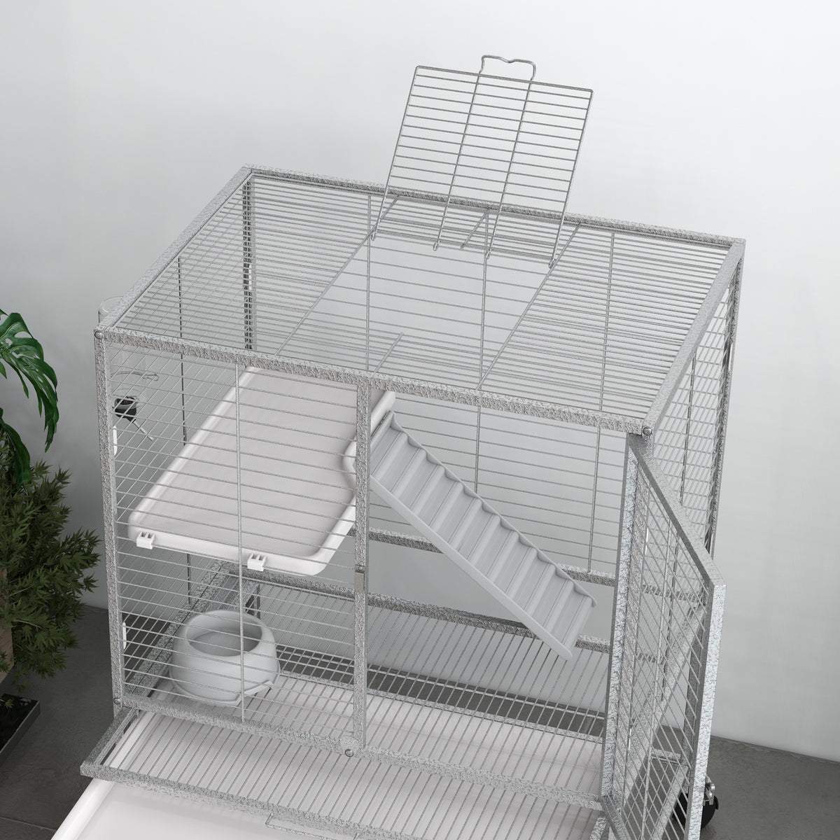 Cage pour petits animaux sur roulettes 2 niveaux avec 2 portes, 1 rampe, 1 étagère de rangement 61,5 x 44,5 x 86 cm gris-8