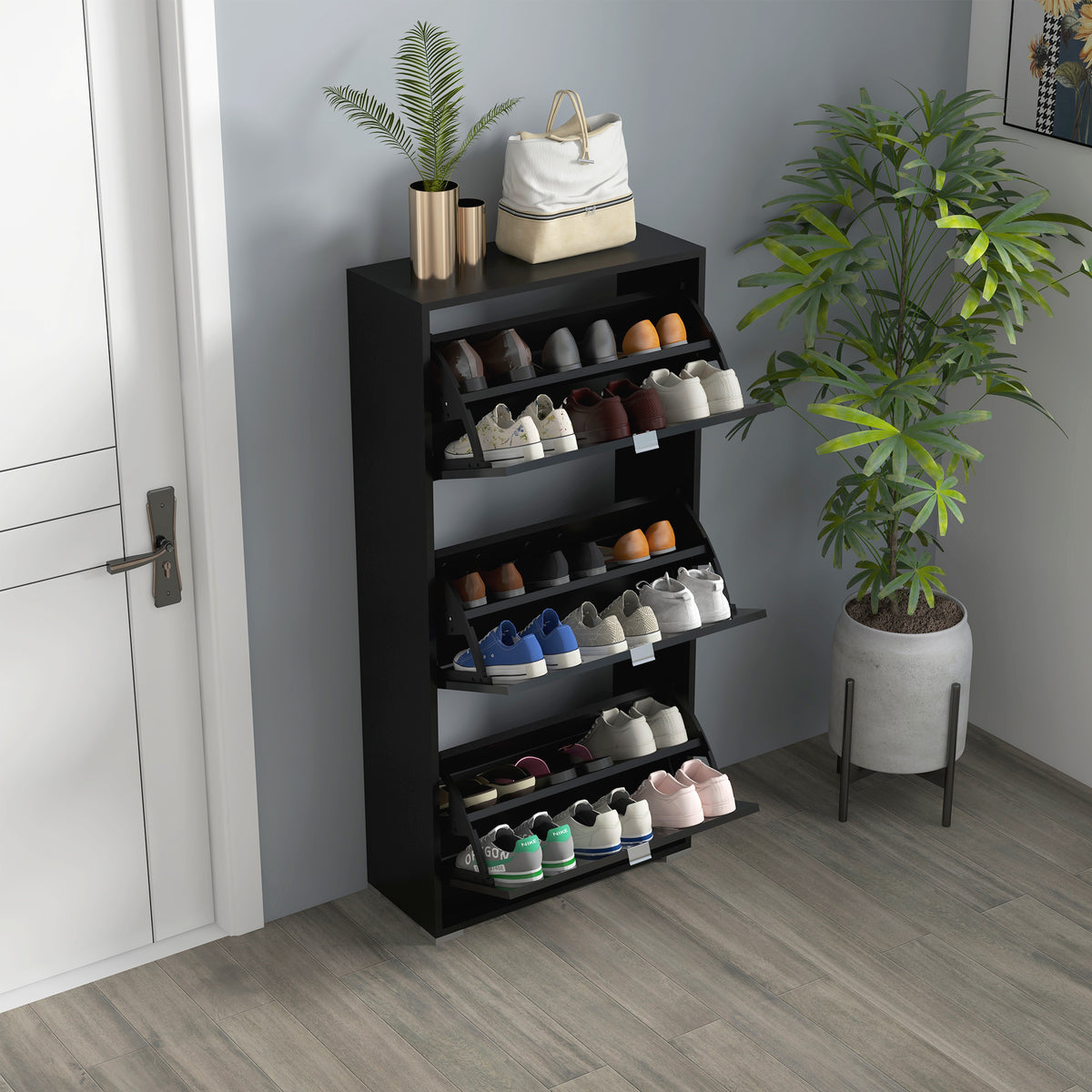 Meuble à Chaussures Armoire à chaussures 3 Portes abattantes 3 Compartiments en bois 60L x 26I x 124H cm Noir-4