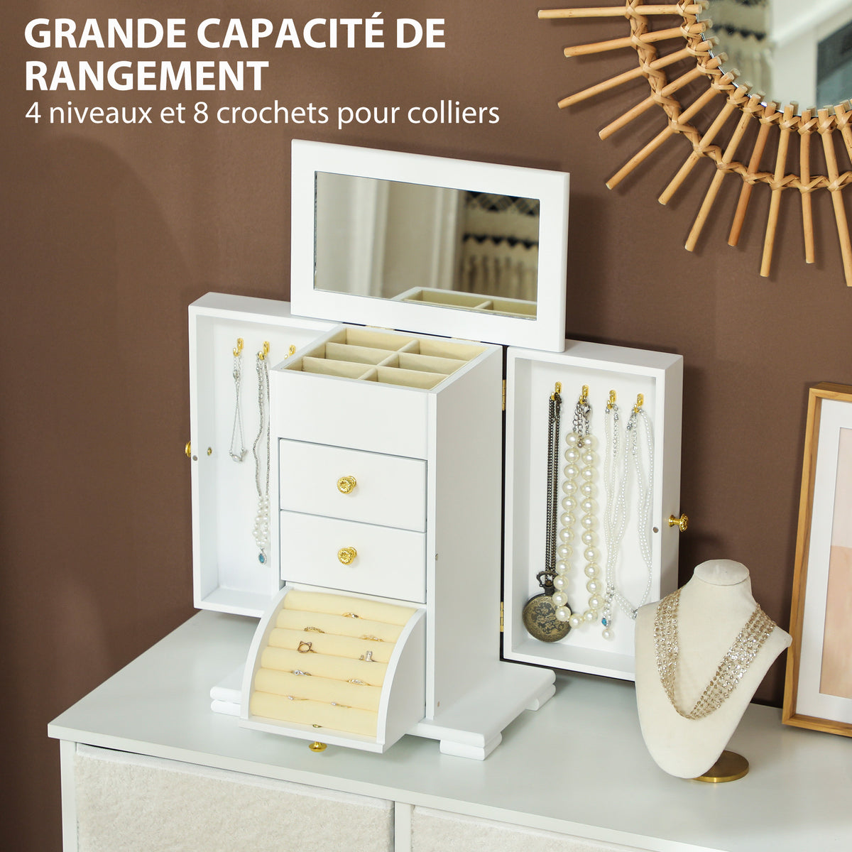 Boîte à Bijoux Femme à 4 Niveaux, Coffre à Bijoux en Bois avec Ailes, Miroir et 2 Tiroirs, 26,5x16 x33,5 cm, Blanc-3