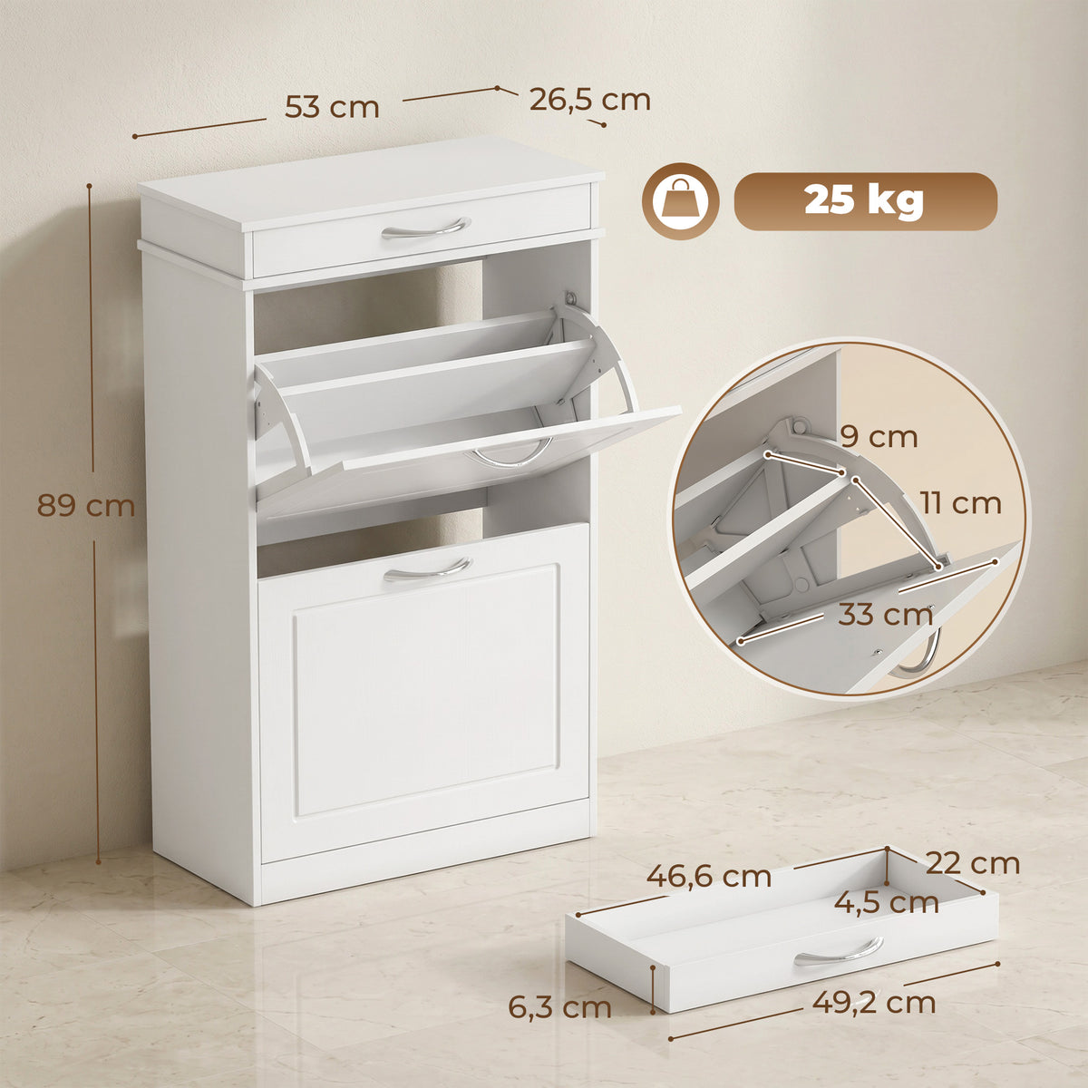Meuble chaussure 8 paires, armoire à chaussures étroit avec tiroir et 2 portes abattants et étagère réglable, blanc-2