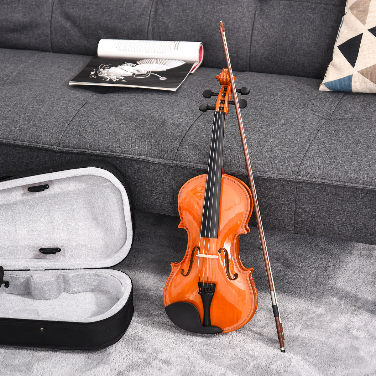 Violon 4/4 pleine grandeur avec étui, accordeur, épaulière, archet, colophane, cordes rechange et chiffon-1