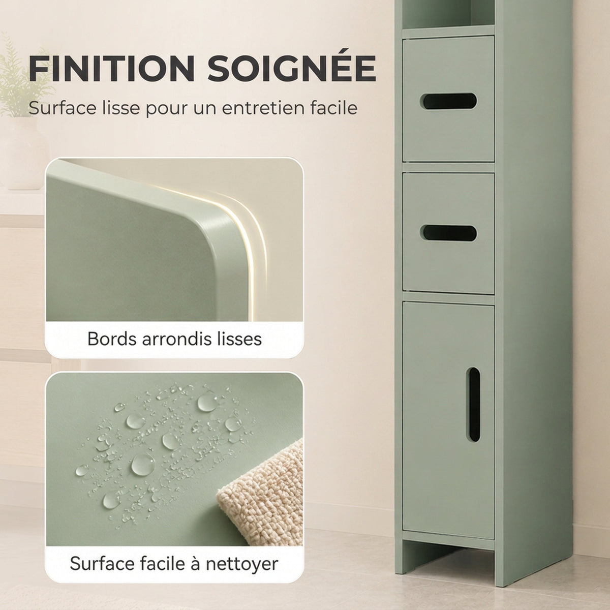 Meuble Colonne de Salle de Bain, Armoire Toilette Haute avec Étagères et Placards - 15 x 17 x 120 cm, Vert Clair-6