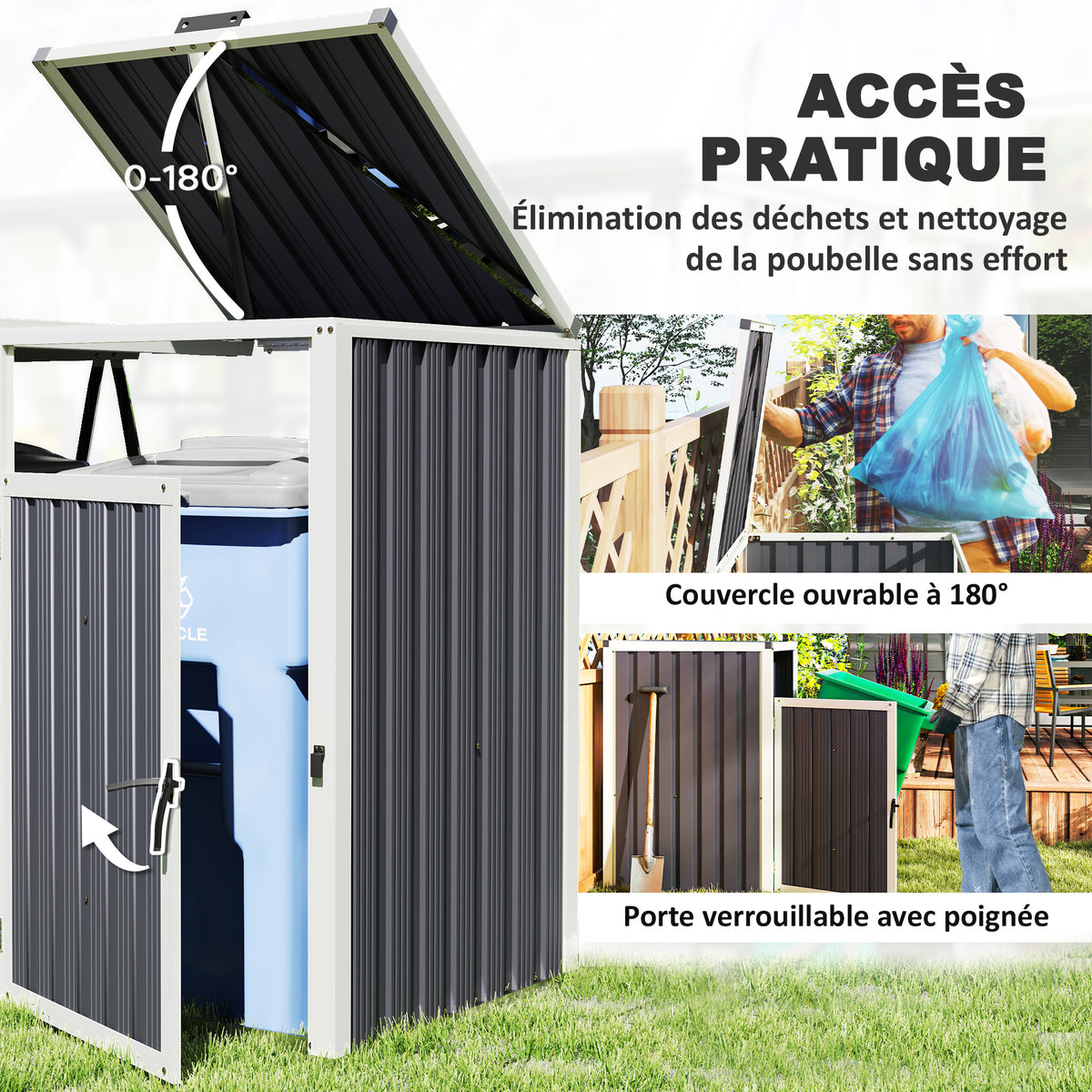Abri pour 2 poubelles 240L cache poubelle extérieur couvercle relevable 180° acier galvanisé 146x81x122cm gris foncé-4