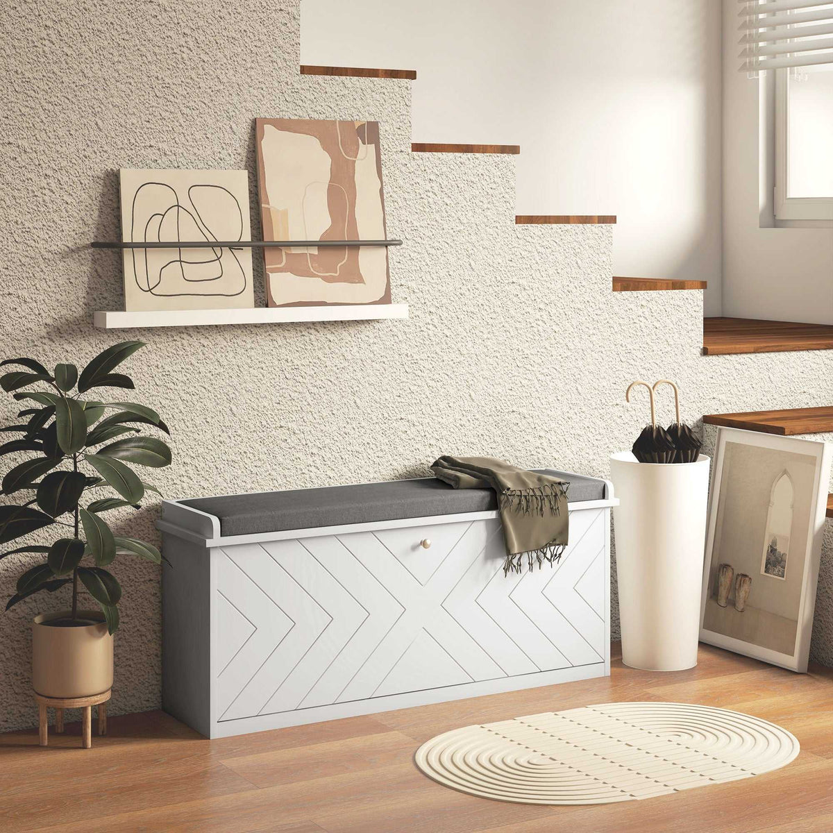Banc à chaussures avec tiroir rabattable, coussin d'assise et étagère réglable, 100 x 26 x 48 cm, blanc-9