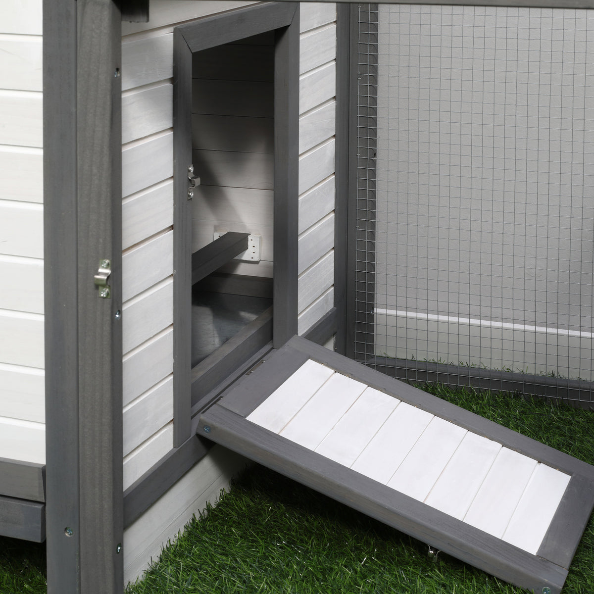 Poulailler cottage multi-équipement perchoir rampe pondoir enclos tiroir à déjection 196L x 76l x 97H cm bois massif pin gris blanc-7