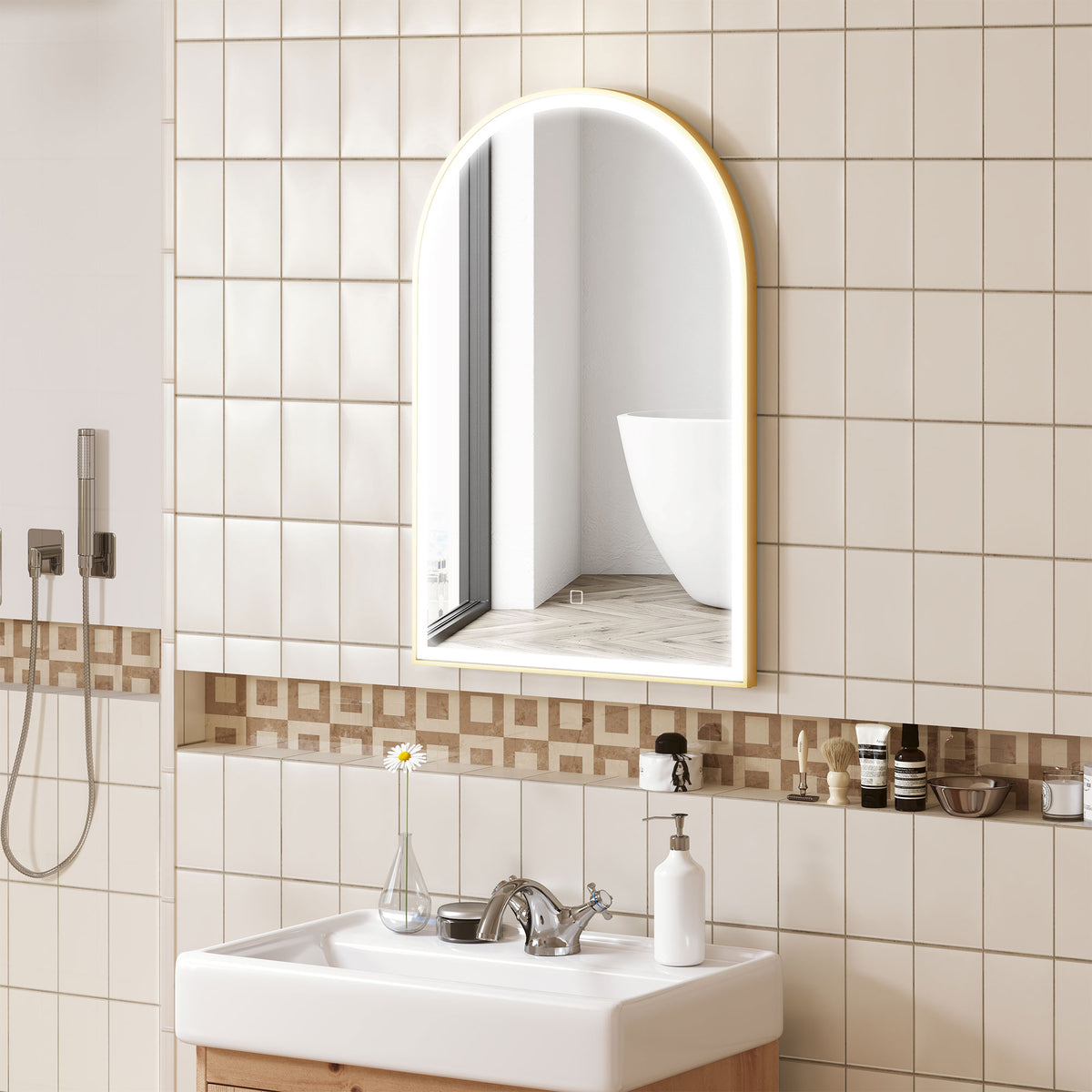 Miroir de salle de bain LED 90 x 60cm, mural, 3 couleurs, arqué cadre en aluminium, désembuage et interrupteur tactile-8