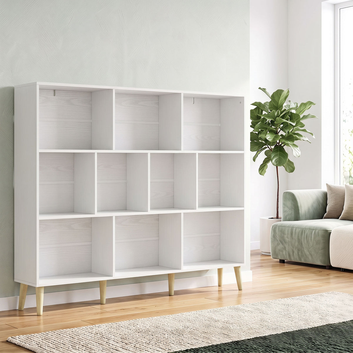 Bibliothèque à 3 Niveaux avec 10 Compartiments, Étagère de Rangement avec Pieds en Bois Massif, Effet Bois Blanc-1