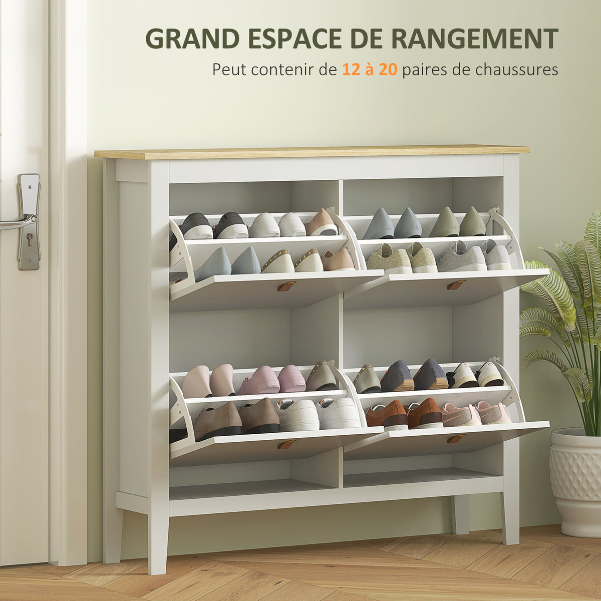 Meuble à chaussures 20 paires avec 4 tiroirs, portes rabattables, étagères amovibles et réglables, blanc-3