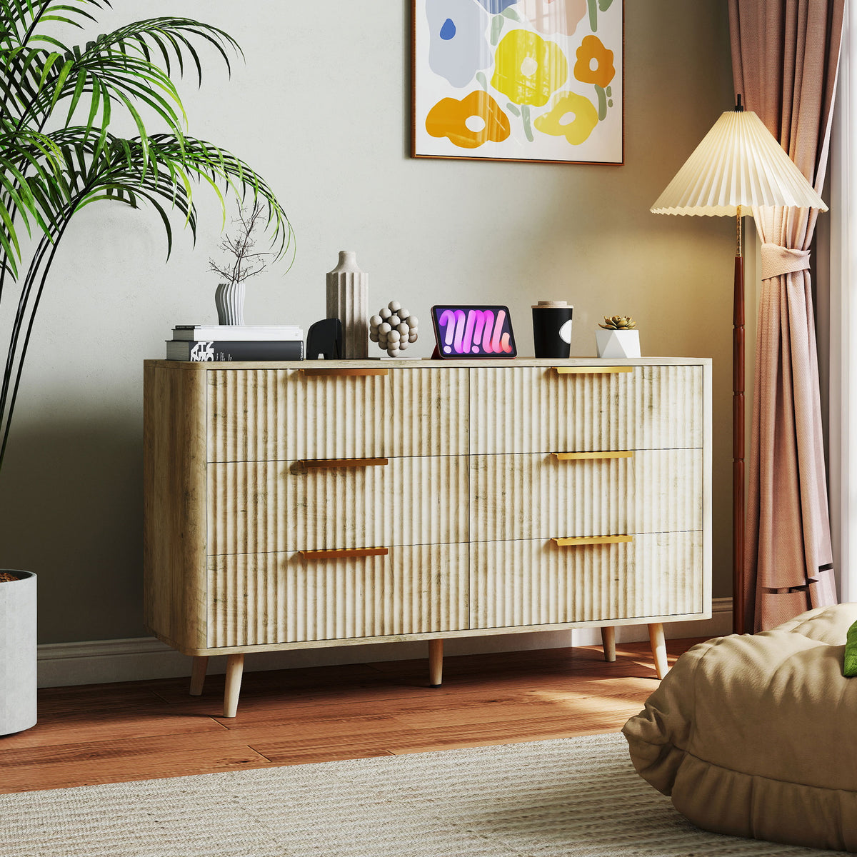 Commode 6 tiroirs scandinave avec poignées et pieds de pin, pour chambre à coucher, salon, couloir, 120x40x76cm, chêne-1