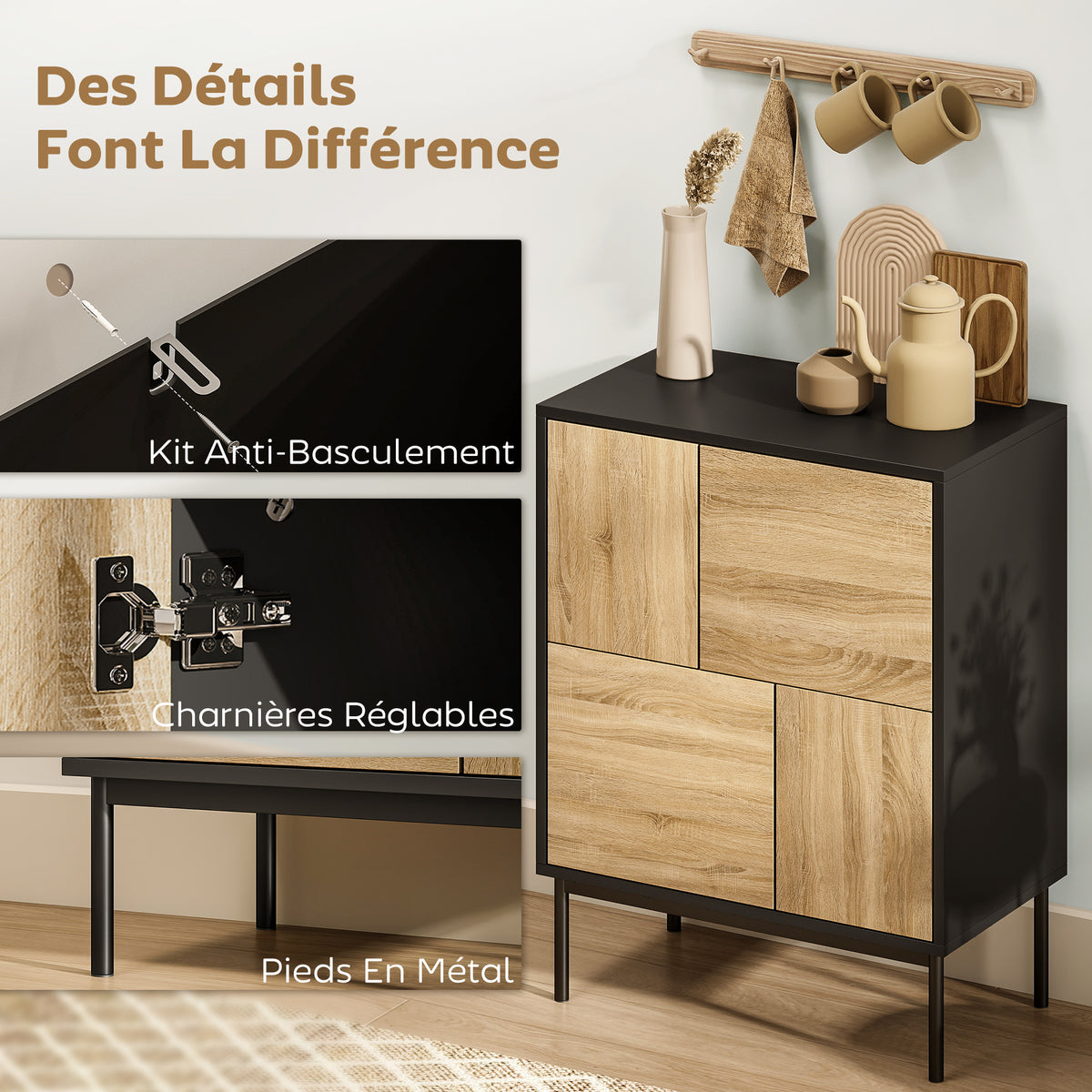Buffet salon meuble de rangement armoire de cuisine portes à pousser et 4 placards style moderne 60 x 35 x 78 cm, noir-5