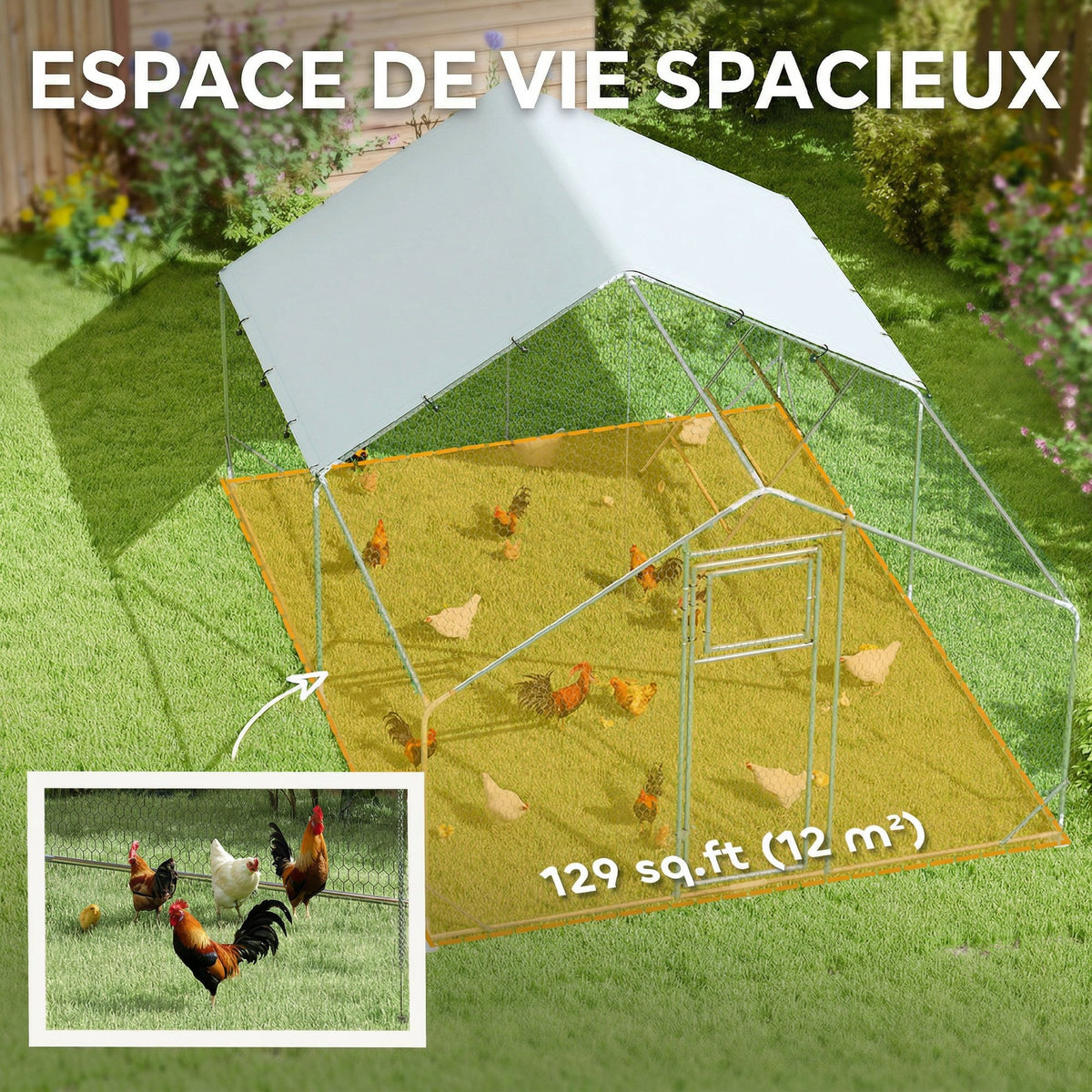 Enclos poulailler extérieur parc grillagé 12 m² avec perchoir et mangeoire acier galvanisé Ø25mm 300x400x195cm argent-3