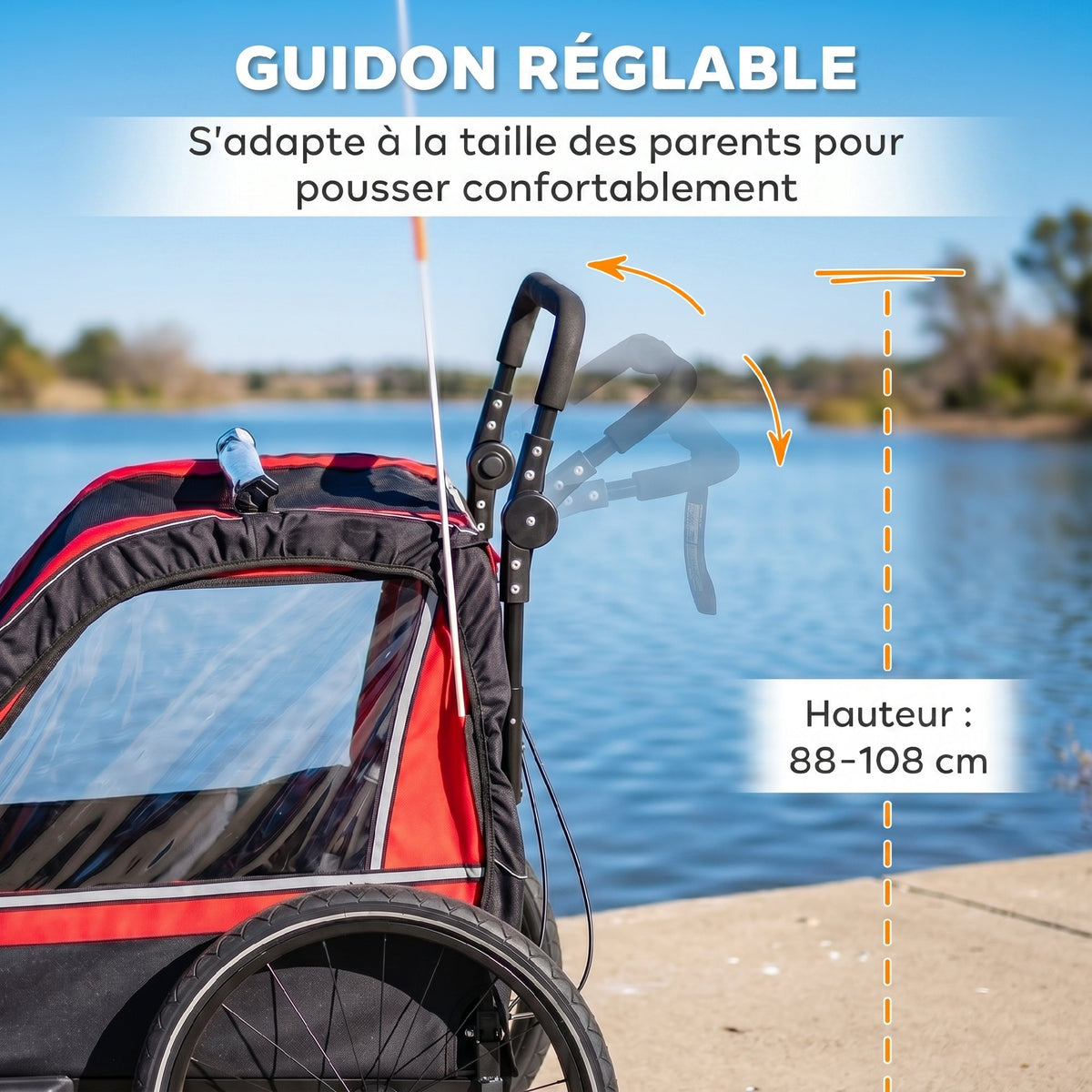 Remorque vélo enfant 2 en 1, poussette vélo bébé 2 places, guidon réglable, frein à main, ceinture de sécurité, rouge-5