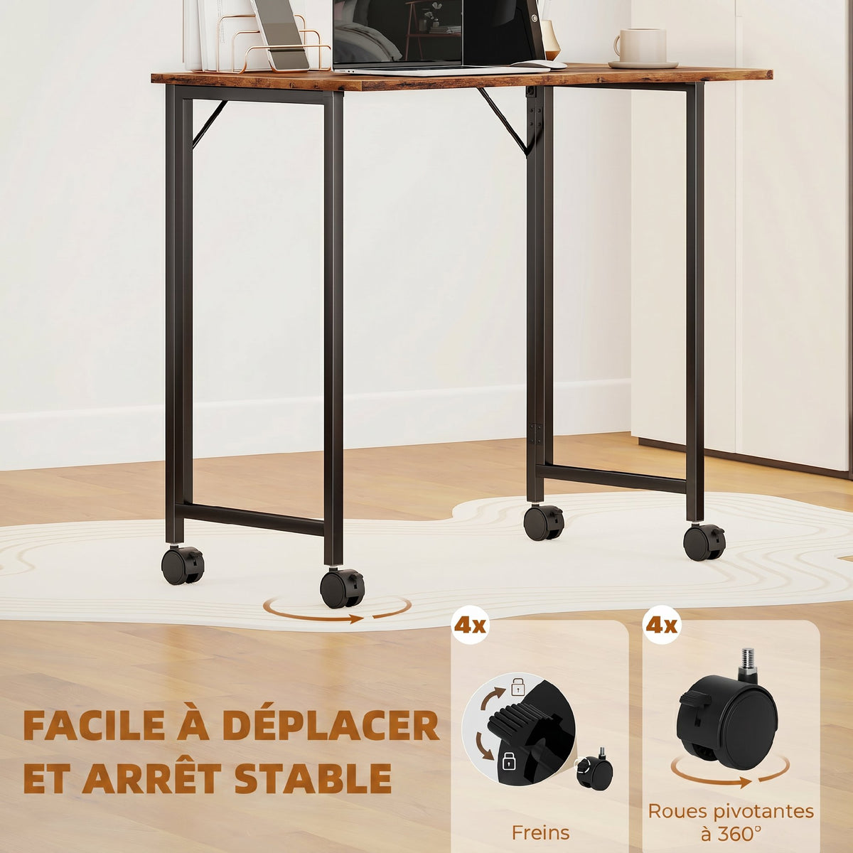 Bureau Pliable 80 x 52 cm, Bureau Ordinateur sur Roulettes avec Fente d'Appareil, Montage Facile, Marron-4
