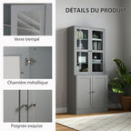 Bibliothèque vitrine, meuble de rangement à 6 niveaux avec 4 portes dont 2 en verre trempé, étagères réglables, gris-5