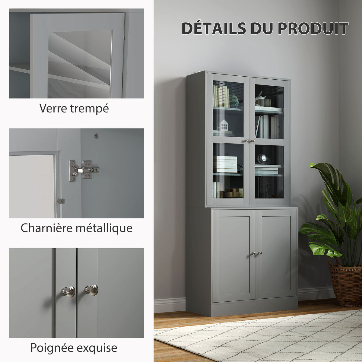 Bibliothèque vitrine, meuble de rangement à 6 niveaux avec 4 portes dont 2 en verre trempé, étagères réglables, gris-5
