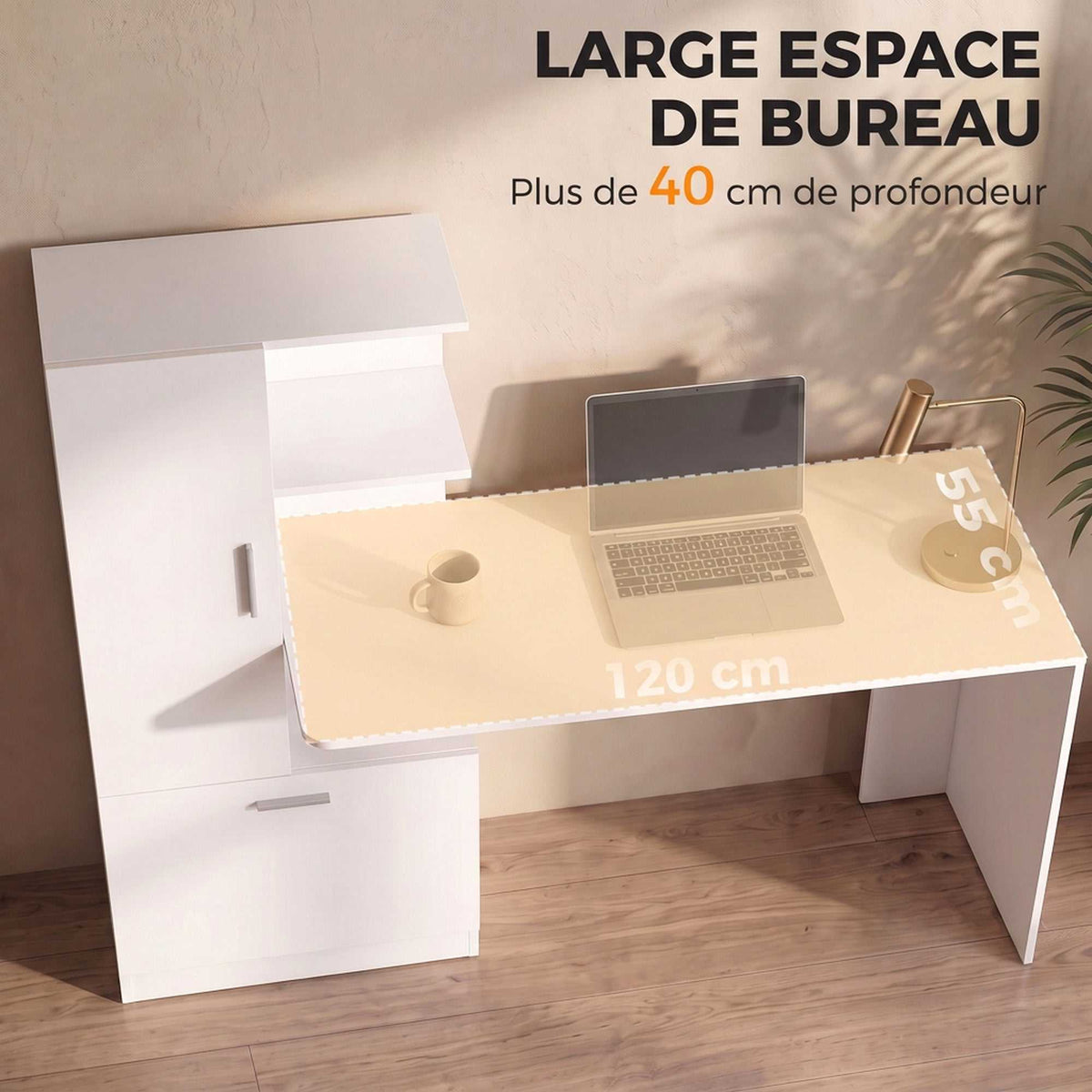 Bureau d'Ordinateur avec Bibliothèque, Bureau Informatique, Placard et Étagères Ouvertes, 150x55x122cm, Blanc-4