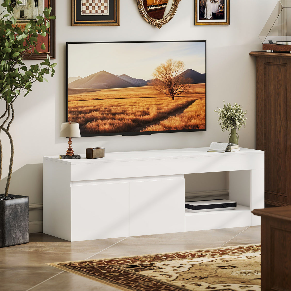 Meuble TV 2 portes pour téléviseurs jusqu'à 60 pouces, meuble télé avec placard et étagère ouverte, blanc-7