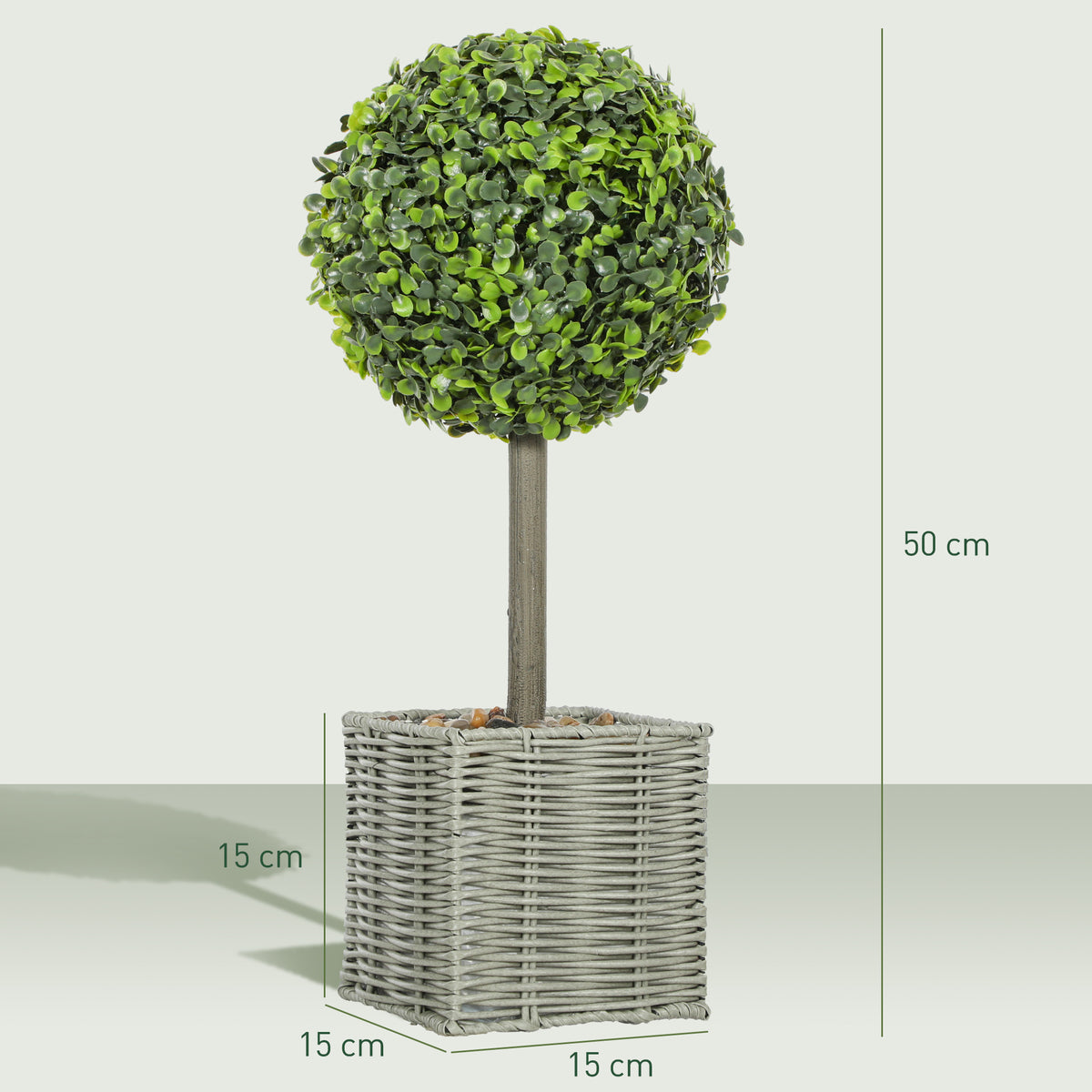 Lot de 2 plantes artificielles décoratives, boules de buis artificiel 50 cm avec pot en plastique tressé et galets, vert-2