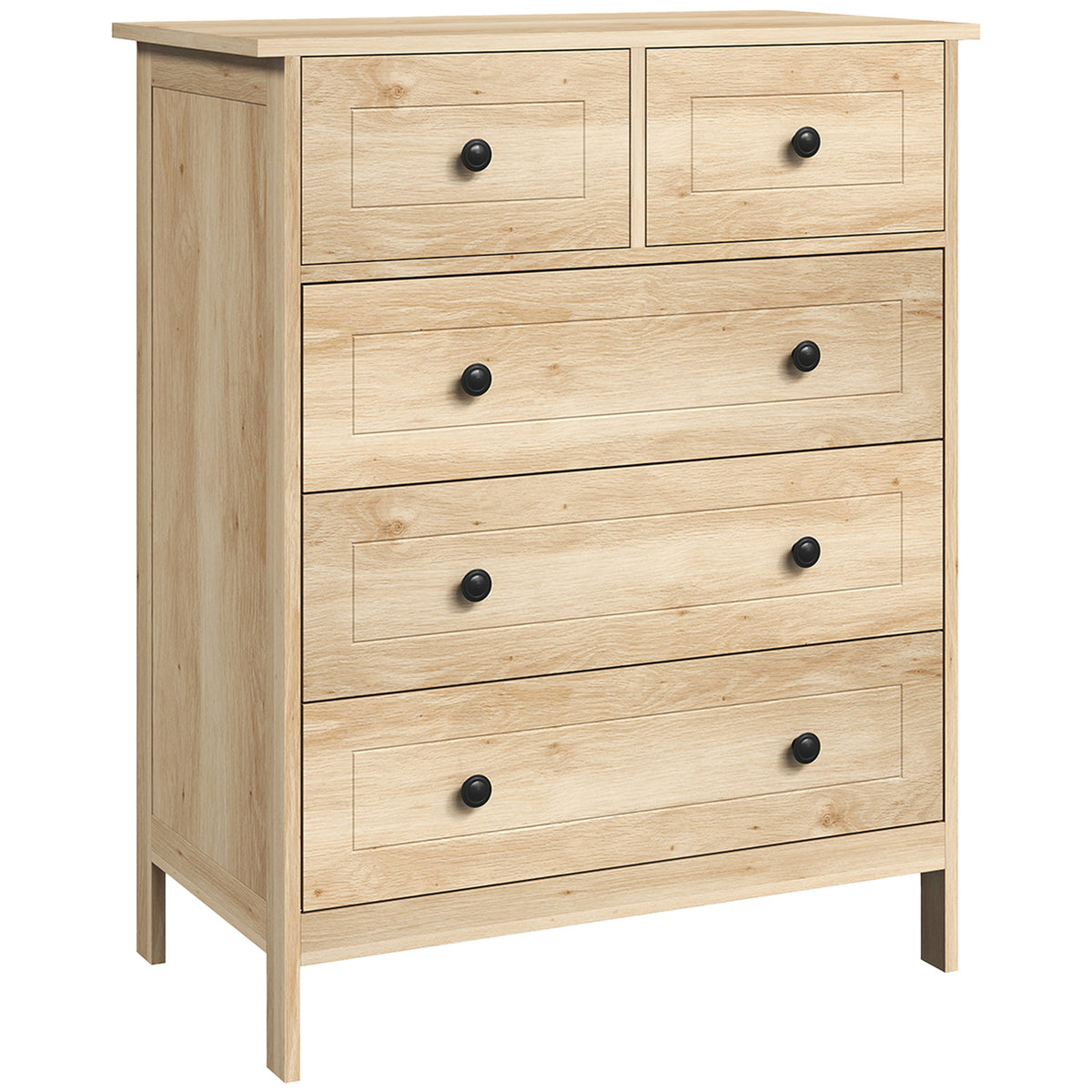 Commode meuble de rangement 5 tiroirs pour chambre, bureau, entrée, chêne et poignée métal noir-0