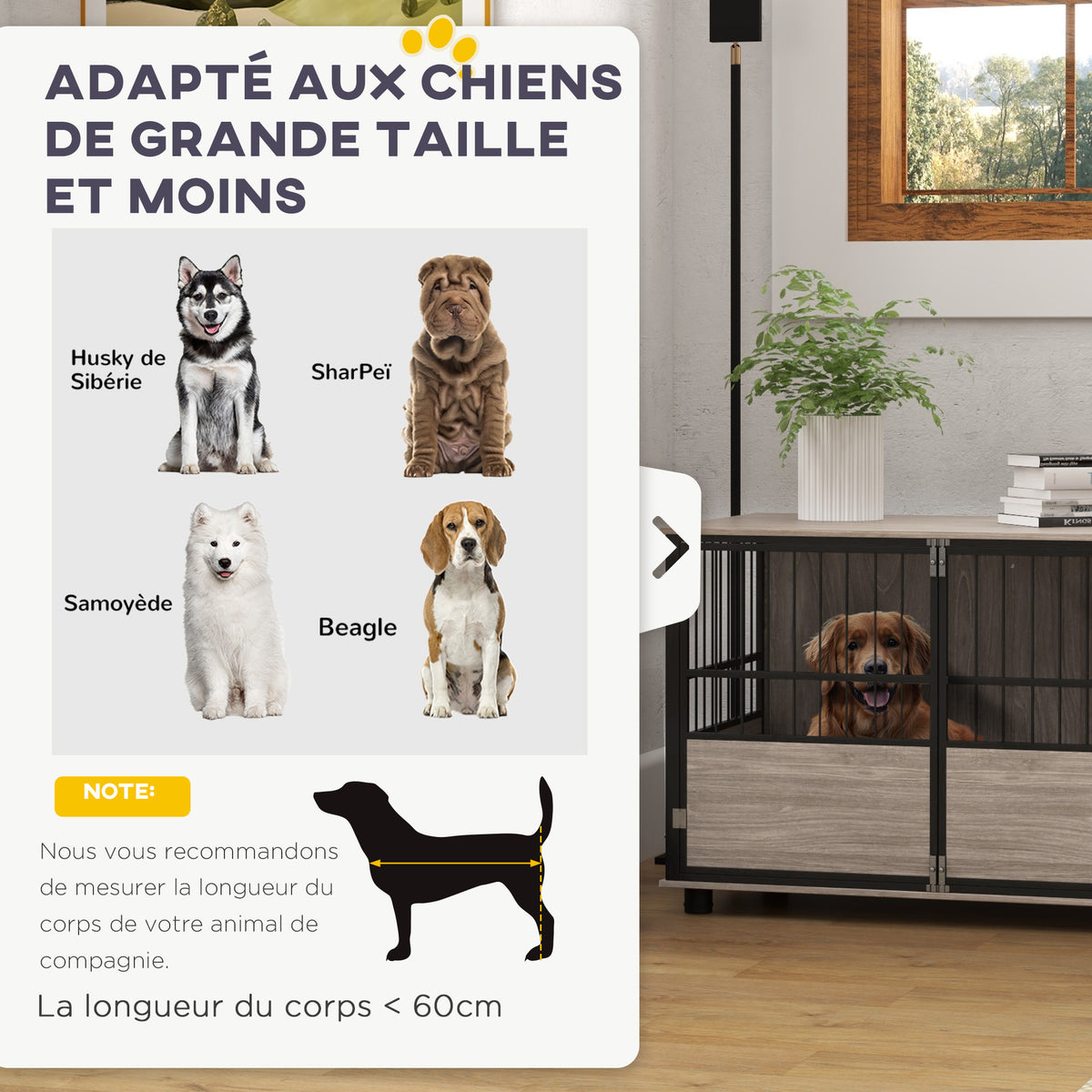 Cage pour chien intérieur, table d'appoint, 100 x 60 x 68 cm, niche, 3 portes verrouillables, aspect bois noir-3