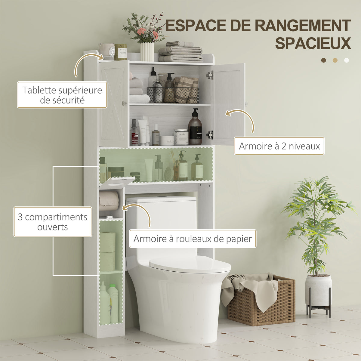 Meuble WC dessus de toilette avec placard à porte de grange, étagère réglable, compartiments et porte-papier, blanc-3
