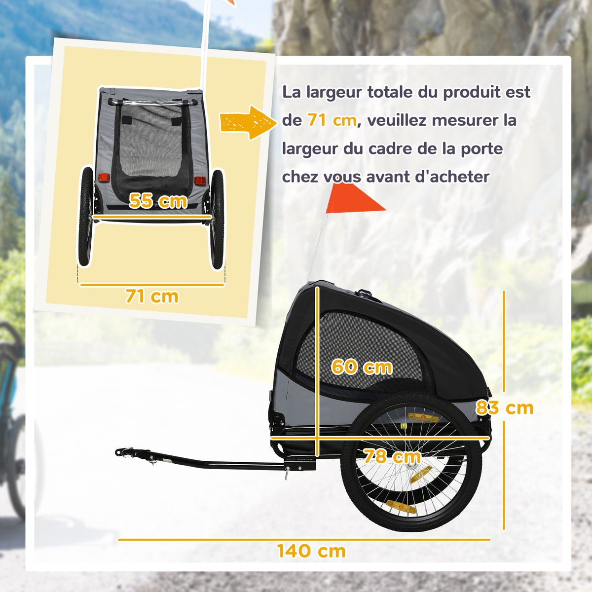 Remorque de vélo pour chien avec fenêtres en maille réflecteurs et drapeau de sécurité 140 x 71 x 83 cm noir-2