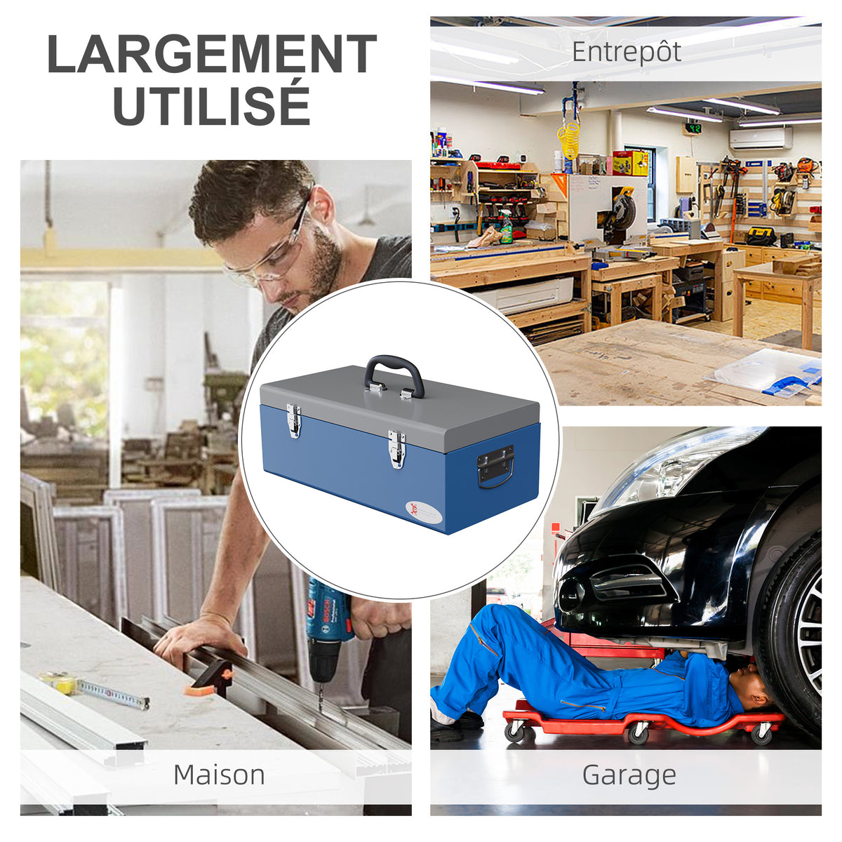 Caisse boite à outils en métal transportable avec 3 poignées, 2 loquets, dim. 50L x 26l x 18,5H cm, bleu-5