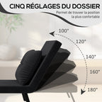 Fauteuil convertible 4 en 1 lit 1 place dossier 5 positions, accoudoirs en bois et coussin, tissu effet velours, noir-4