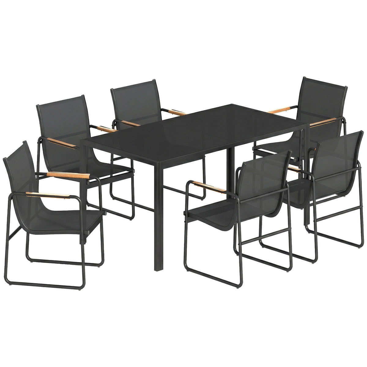 Ensemble de Salle à Manger d'Extérieur 7 Pièces pour 6 Personnes, Table en Verre et Chaises avec Accoudoirs Décoratifs, Maille Résistante aux Intempéries, Noir-0