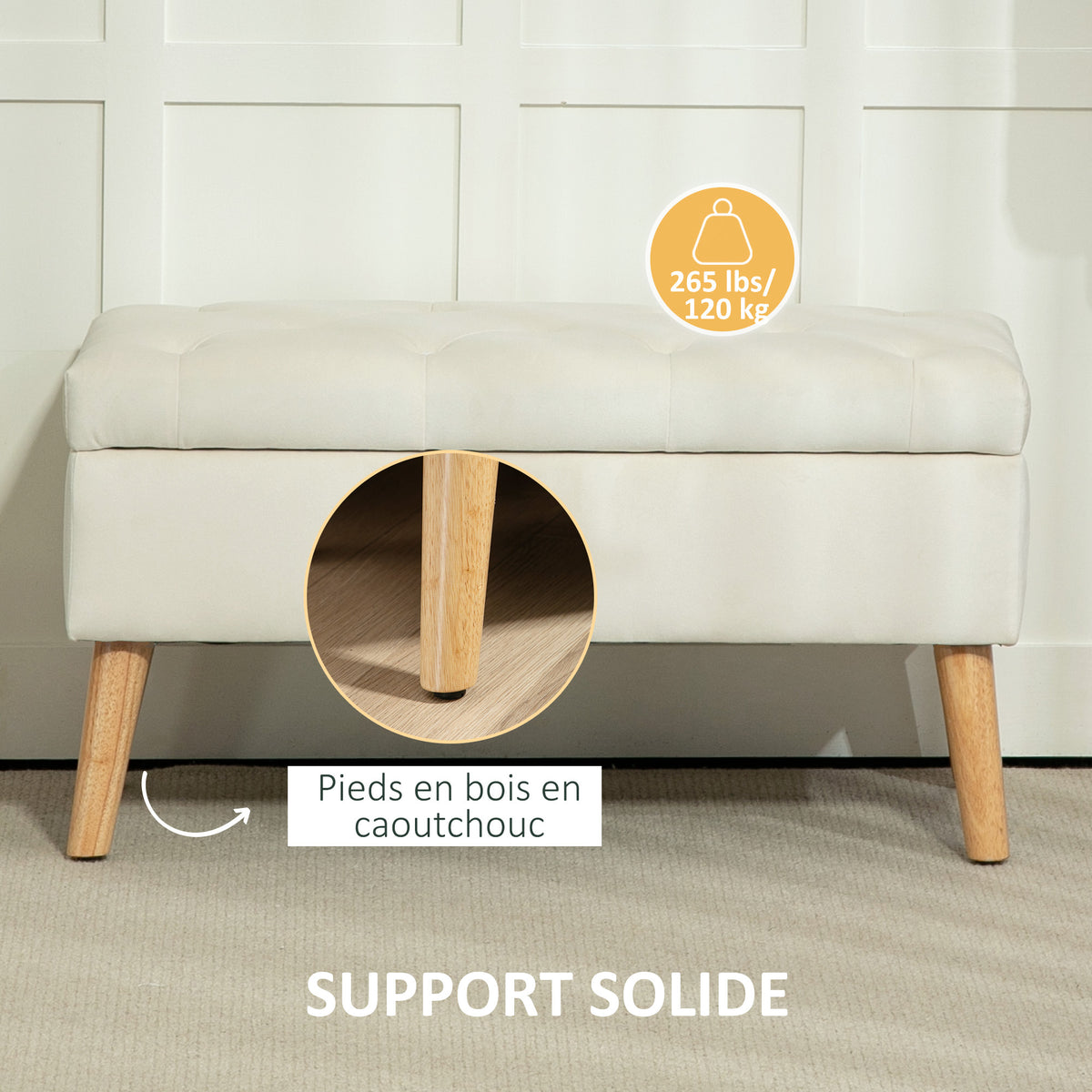 Banc de rangement coffre de rangement tissu effet velours pieds en bois charge max. 120 kg 80 x 35 x 42 cm, crème-5