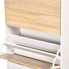 Armoire à Chaussures Meuble rangement Chaussures 2 Portes abattantes 2 Compartiments, tiroir, Plateau en Verre - Bois chêne Blanc-7