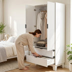Armoire chambre penderie avec 2 portes à fermeture douce, 2 tiroirs et barre de suspension, 80x50x180cm, blanc-9