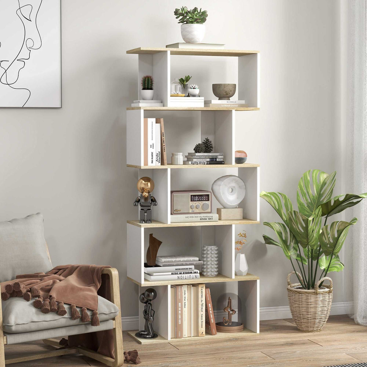 Bibliothèque style scandinave meuble de rangement 5 étagères anti-basculement Charge 25 kg aspect bois & Blanc-9
