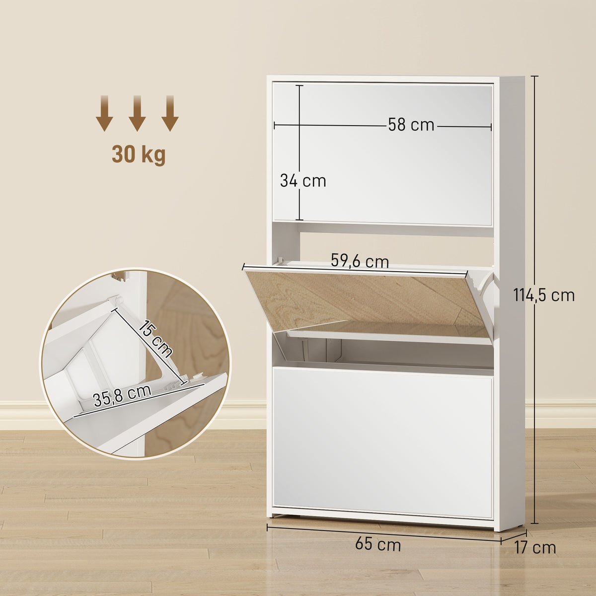 Meuble à chaussures 9 paires, armoire à chaussures étroite, 3 tiroirs rabattables et portes miroirs, 65x17x114,5cm blanc-2