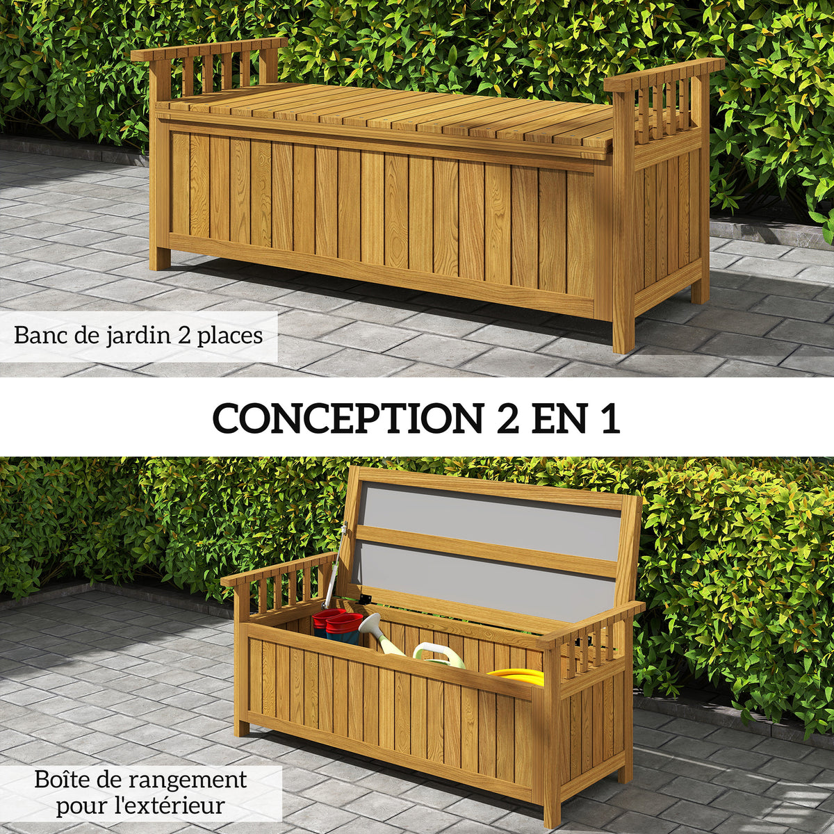 Banc de jardin 2 places en bois avec rangement de 151L banc d'extérieur avec accoudoirs 128,5 x 56 x 53,5 cm marron-3