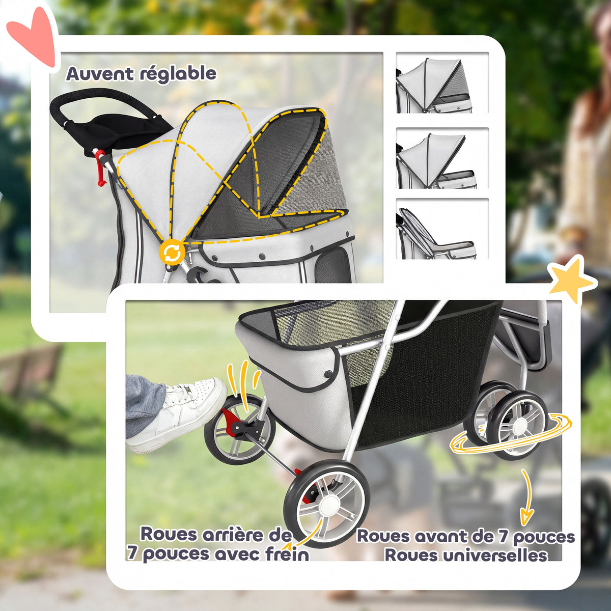 Poussette pour Chien 4 Roues, Chariot Pliable avec Auvent Réglable, Panier de Rangement, 77x44x102cm, Gris-5