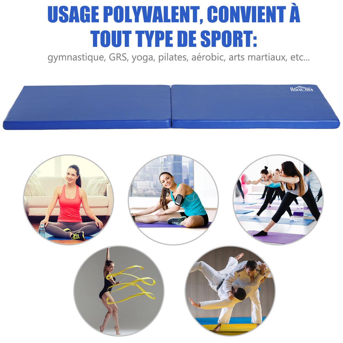 Tapis de gymnastique yoga pilates fitness pliable portable grand confort 180L x 60l x 5H cm revêtement synthétique bleu-3