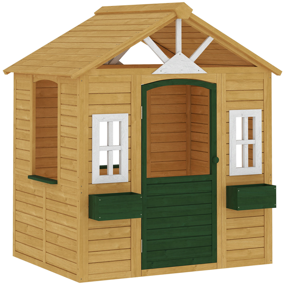 Cabane enfant extérieur en bois, maison enfant extérieure avec porte, fenêtres, 2 bacs à fleurs, 134,5x97x150cm, marron-0