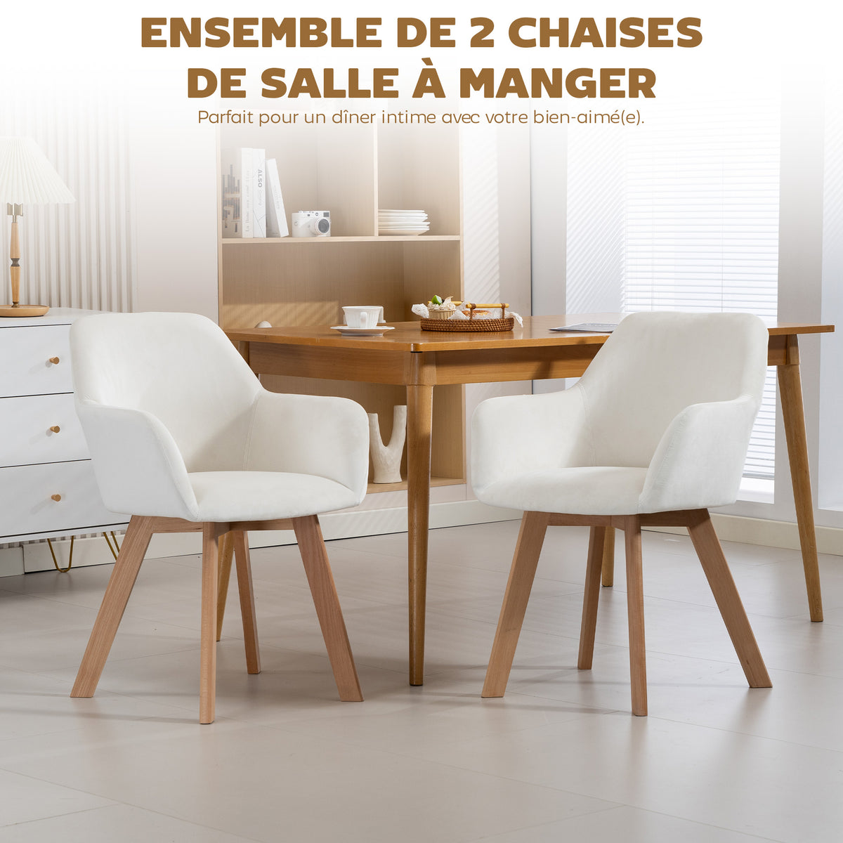 Lot de 2 chaises de salle à manger Fauteuil Assise rembourrée en tissu effet velours Pieds en bois, crème-3