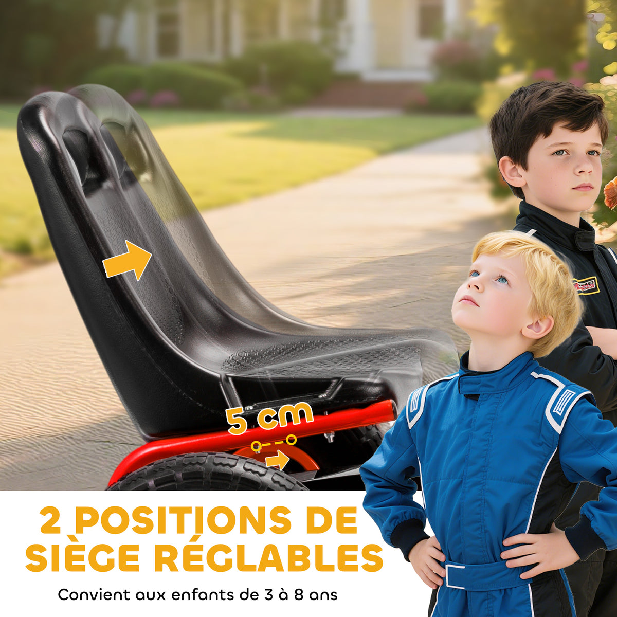 Kart à pédales Go-Kart pour enfants siège réglable pneus EVA embrayage manuel et frein 110 x 61 x 62 cm rouge-4
