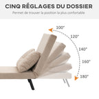 Fauteuil convertible 3 en 1 lit 1 place dossier 5 positions, accoudoirs en bois et coussin, tissu effet velours, beige-4
